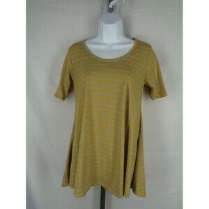 Lularoe Stripe Perfect T Tunic Top Size XS Yellow Gray Swing Hem Slits